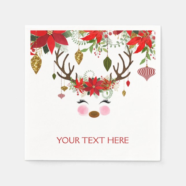 Vintage Modern Floral Reindeer Holiday Party Napkin (Front)