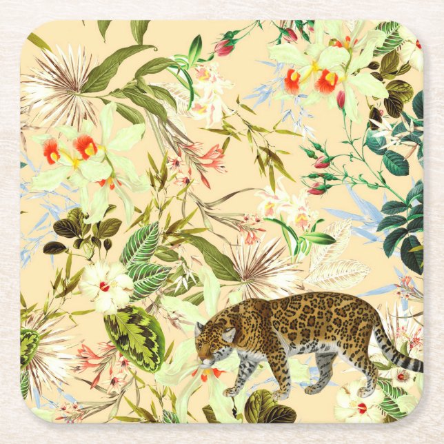 Vintage Modern Flower Jungle Tropical Square Paper Coaster (Front)