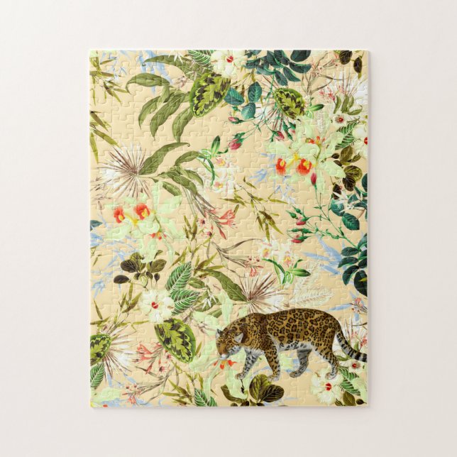 Vintage Modern Flower Tiger Jungle Jigsaw Puzzle (Vertical)