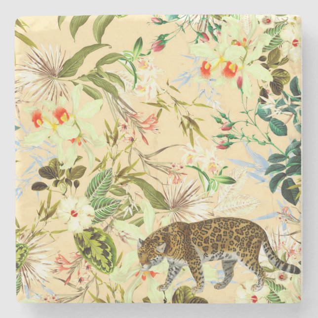 Vintage Modern Flower Tiger Jungle Stone Coaster (Front)