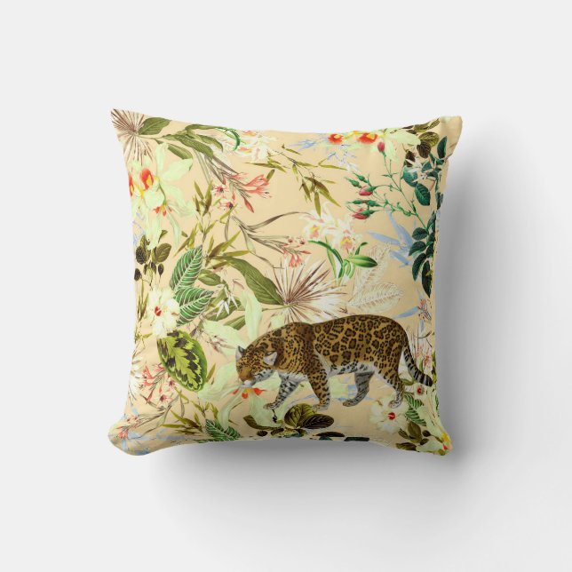 Vintage Modern Flower Tiger Jungle Tropical Cushion (Front)