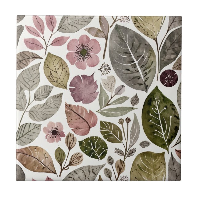 Vintage Modern Flowers & Leaves Tile (Front)