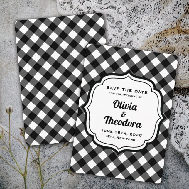 Vintage Modern Gingham Save the Date Cards (vintage modern elegant black and white gingham check wedding save the date)