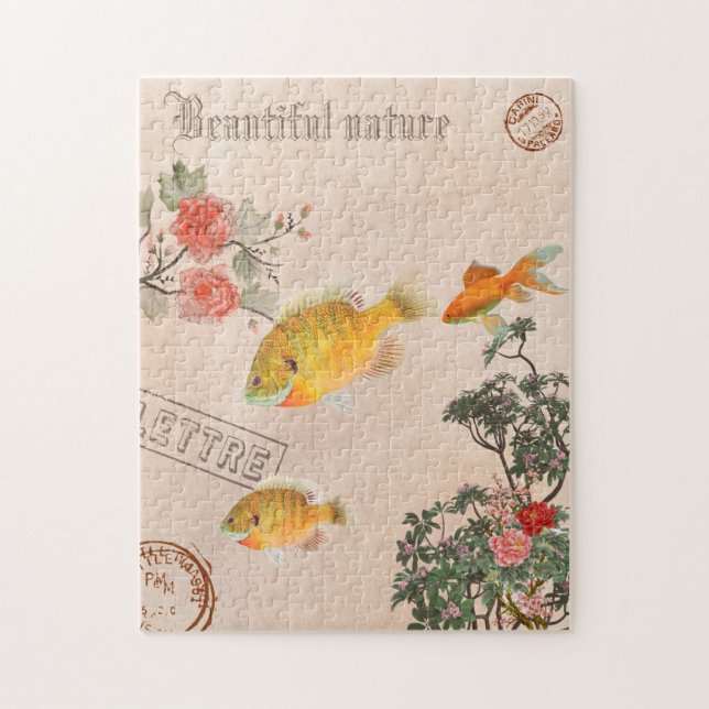 Vintage Modern Nature Flowers Fish Greenery Jigsaw Puzzle (Vertical)