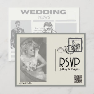 Vintage modern newspaper style wedding postcard