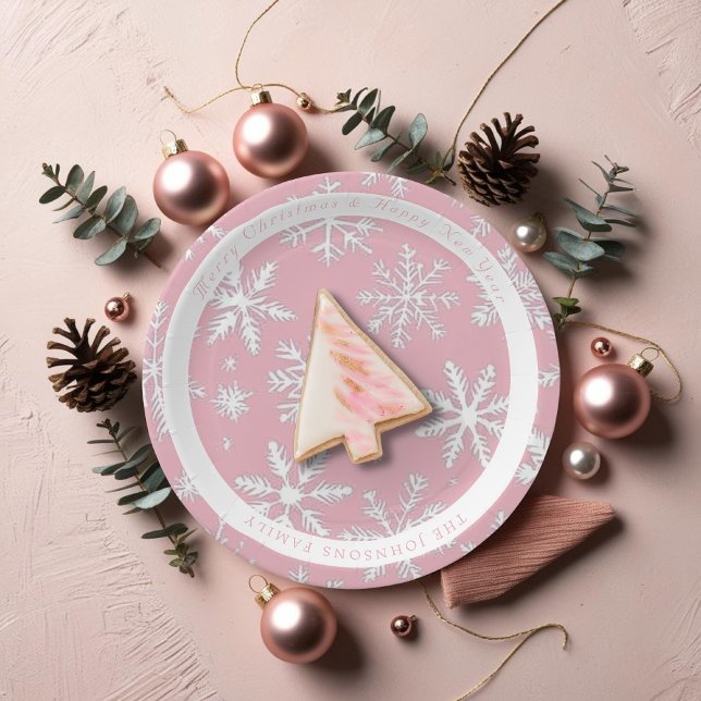 Vintage Modern Pink Snowflakes pattern Paper Plate (Vintage Modern Pink Snowflakes pattern Paper Plates)