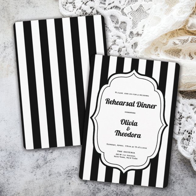 Vintage Modern Stripe Rehearsal Dinner Invitation (vintage modern elegant black and white stripe rehearsal dinner invitation)