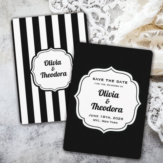 Vintage Modern Stripe Save the Date Cards (vintage modern black and white stripe save the date card. )