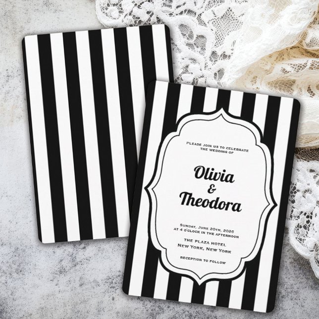 Vintage Modern Stripe Wedding Invitation (vintage modern elegant black and white stripe wedding invitation)