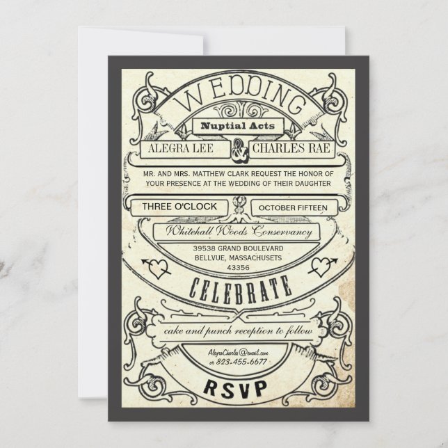 Vintage Modern Typography Ticket Wedding Invite (Front)