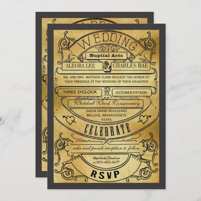 Vintage Modern Typography Ticket Wedding Invite (Front/Back)