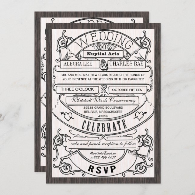 Vintage Modern Typography Ticket Wedding Invite (Front/Back)