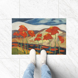 Vintage Modernist Red Poppies Surreal Landscape Doormat