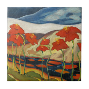 Vintage Modernist Red Poppies Surreal Landscape Tile