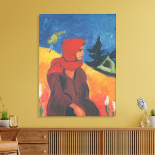 Vintage Modernist Village Girl in Red Scarf Art Canvas Print