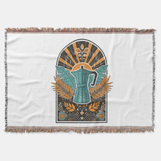 Vintage Moka Pot Coffee Arch - Retro Boho Botanica Throw Blanket