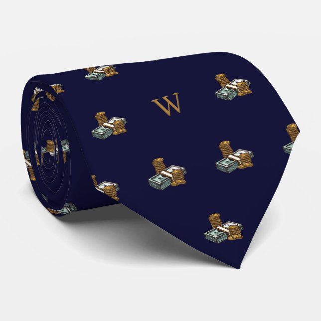 Vintage Money Bills Coins Monogram Initials Blue Tie (Rolled)