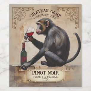 Vintage monkey drinking red wine personalised label