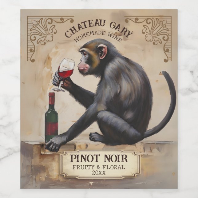 Vintage monkey drinking red wine personalised label (Single Label)