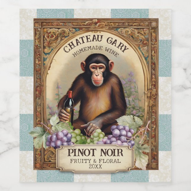 Vintage monkey wine bottle grapes personalised wine label (Single Label)