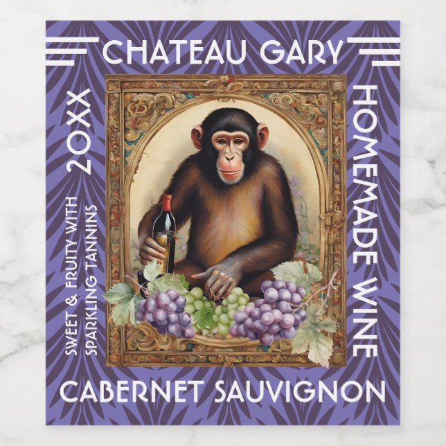 Vintage monkey wine bottle grapes personalised wine label (Single Label)