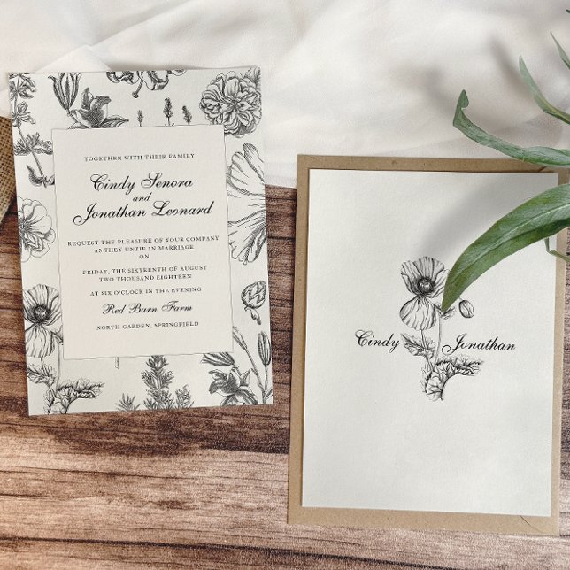 Vintage Monochrome Botanical Wedding Invitation (Creator Uploaded)