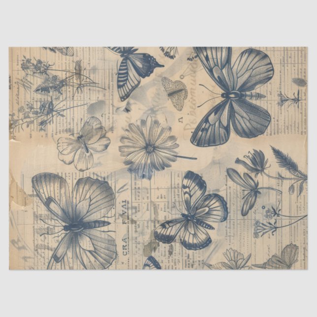 Vintage monochrome ink butterflies roses tissue paper (Front)