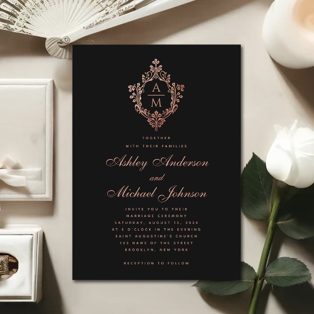 Vintage Monogram Black Rose Gold Crest Wedding Invitation (Creator Uploaded)