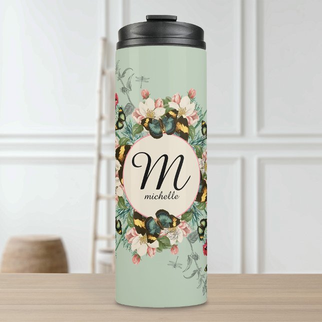 Vintage Monogram Butterflies Sage Green Custom Thermal Tumbler (Vintage Monogram Butterflies Sage Green Custom Thermal Tumbler)
