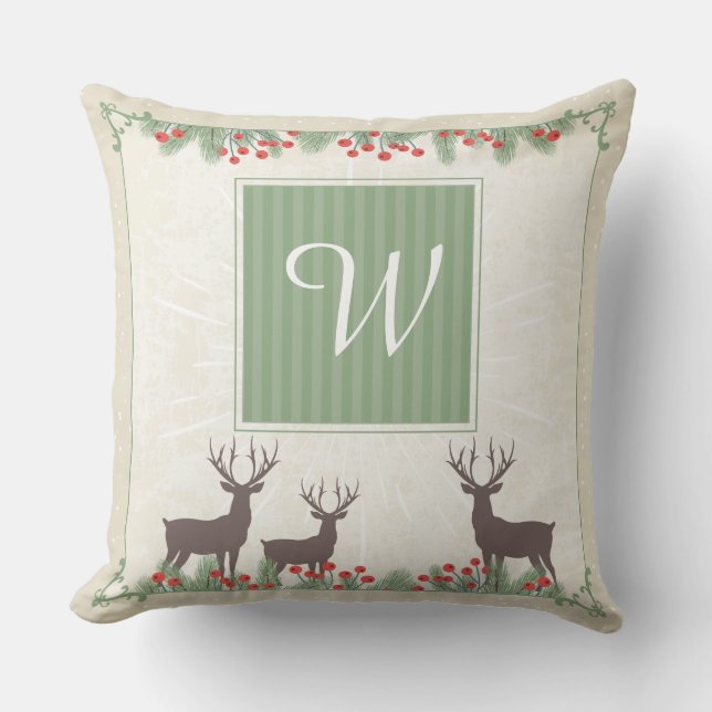 Vintage Monogram Christmas Reindeer Throw Pillow (Front)