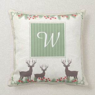 Vintage Monogram Christmas Reindeer Throw Pillow