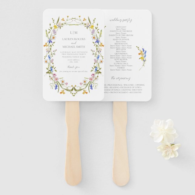 Vintage Monogram Colourful Garden Wedding Program Hand Fan (Front and Back)