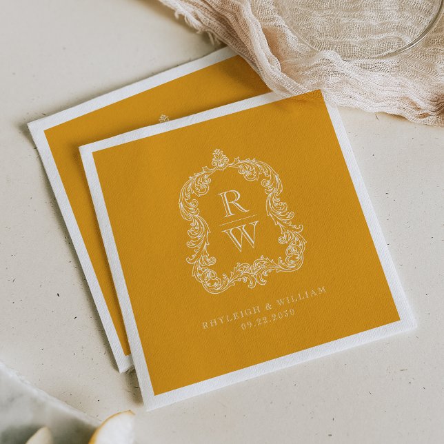 Vintage Monogram Crest Marigold Yellow Wedding Napkin (Creator Uploaded)