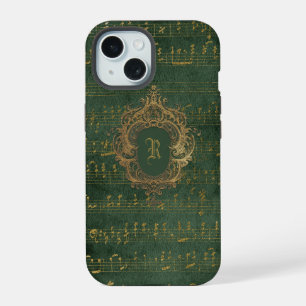 Vintage Monogram Crest Music Manuscript Green Gold iPhone 15 Case
