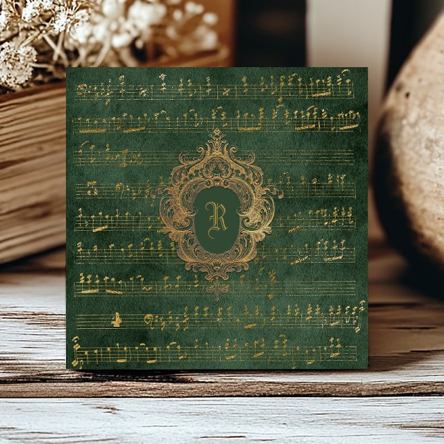 Vintage Monogram Crest Music Manuscript Green Gold Tile (Creator Uploaded)