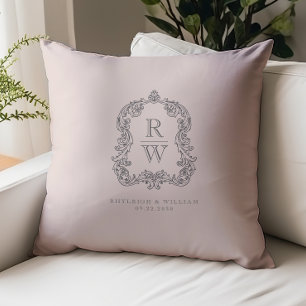 Vintage Monogram Crest Names Blush Pink Wedding Cushion