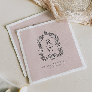 Vintage Monogram Crest Names Blush Pink Wedding Napkin
