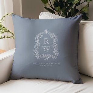 Vintage Monogram Crest Names Dusty Blue Wedding Cushion