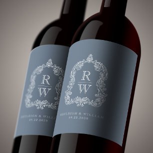 Vintage Monogram Crest Names Dusty Blue Wedding Wine Label