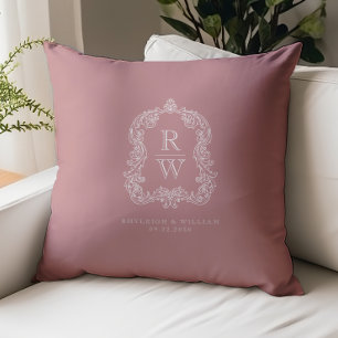 Vintage Monogram Crest Names Dusty Rose Wedding Cushion