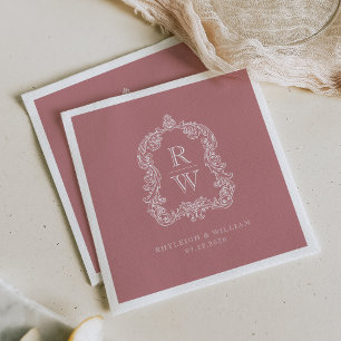 Vintage Monogram Crest Names Dusty Rose Wedding Napkin