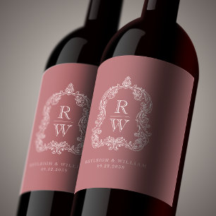 Vintage Monogram Crest Names Dusty Rose Wedding Wine Label