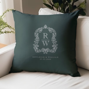 Vintage Monogram Crest Names Forest Green Wedding Cushion