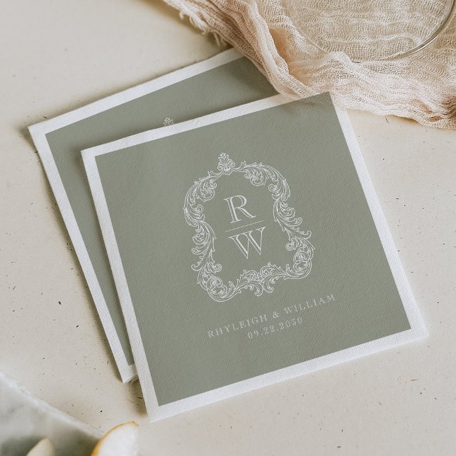 Vintage Monogram Crest Names Sage Green Wedding Napkin (Creator Uploaded)