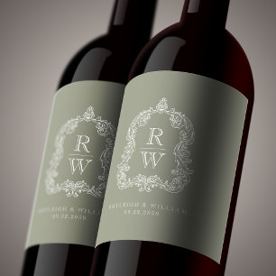 Vintage Monogram Crest Names Sage Green Wedding Wine Label