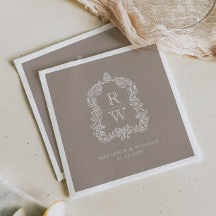 Vintage Monogram Crest Names Taupe Wedding Napkin