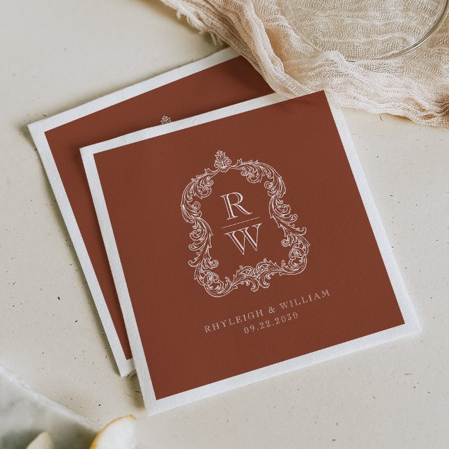 Vintage Monogram Crest Names Terracotta Wedding Napkin (Creator Uploaded)