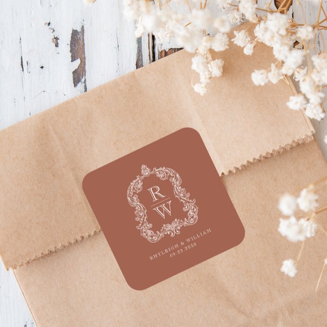 Vintage Monogram Crest Names Terracotta Wedding Square Sticker (Creator Uploaded)