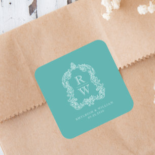 Vintage Monogram Crest Names Turquoise Wedding Square Sticker