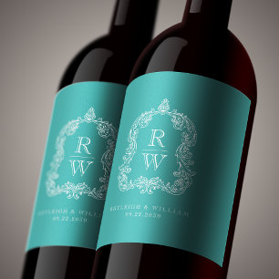 Vintage Monogram Crest Names Turquoise Wedding Wine Label